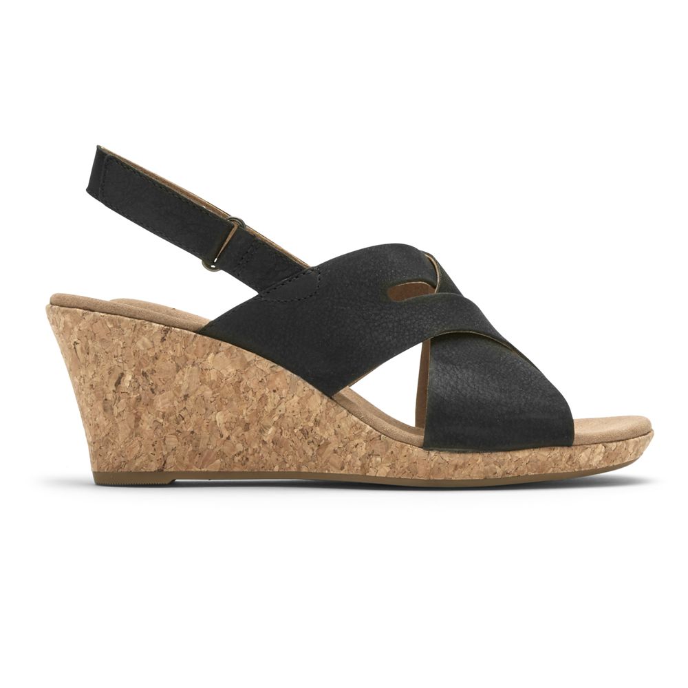 Rockport Briah Slot Slingback - Womens Wedges Sandals - Black - NZ (FOR-143892)